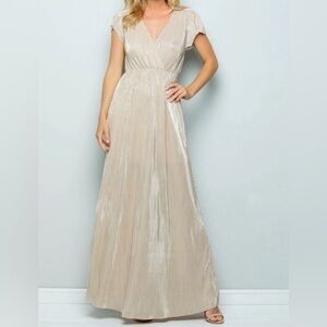 See And Be Seen Gold Micro Pleat Faux Wrap Maxi Dress
